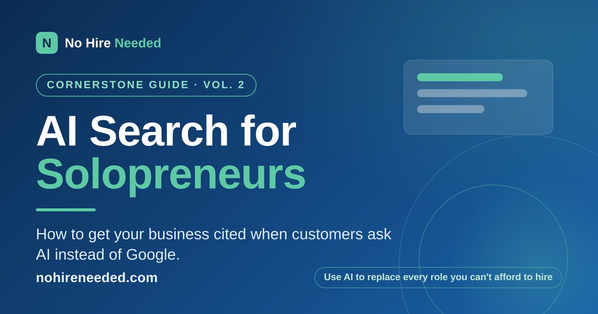No Hire Needed Cornerstone Guide Volume 2 cover: AI search for solopreneurs